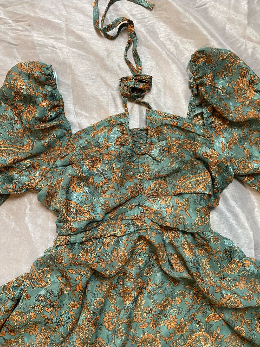 Moon River Long Puff Sleeve Floral Halter Short Teal Dress with Gold Accents